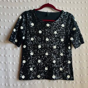 J. Crew Women’s Sequin Polka Dot Short Sleeve Tee Sz S‎ Black White